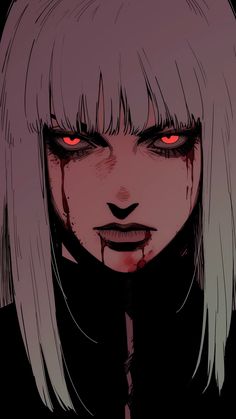 an anime character with red eyes and blonde hair, staring at the camera while wearing black clothes