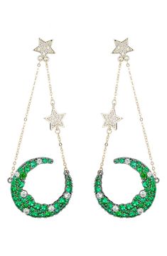 Colorful cubic zirconia crystals detail the moon on the crystal star drop earring. Post back closure Brass, cubic zirconia Imported Green Moon, Pet Supplies & Accessories, Moon And Star Earrings, Gold And Green, Earring Post, Crystal Stars, Moon Stars, Themed Outfits, Green Earrings