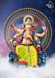 an image of the god ganesha sitting on top of a chair with his hands in