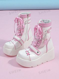 Free Returns ✓ Free Shipping✓. ROMWE Kawaii 2024 Ladies' New Spring And Autumn Style Round Toe Cute Pink Heart Detail Punk Chunky Heel & Thick Sole Fashion Ankle Boots- Women Ankle Boots & Booties at SHEIN. Cute Pink Heart, Comfortable Ankle Boots, Kawaii Shoes, Wedge Heel Boots, Rose Bonbon, Shoes Boots Ankle, Pink Collar, Boots Women Fashion, Autumn Style