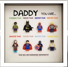 a shadow box frame with legos in it that says, daddy you are smarter than the