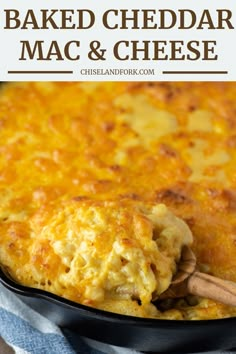 baked cheddar mac and cheese in a cast iron skillet