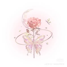 a pink rose with butterflies around it and a moon on the top, in front of a white background