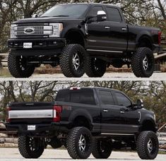 two pictures of the front and rear sides of a black pickup truck with large tires