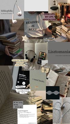 collage of books and headphones with text reading is my life story