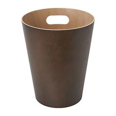 a brown trash can with a wooden handle on it's side and a white background