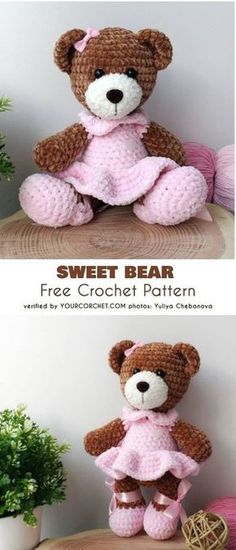 two pictures of a teddy bear made out of crochet