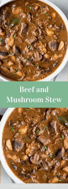 beef and mushroom stew in a white bowl with green garnish on the side