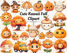 cute kawaii fall clipart with pumpkins, mushrooms, leaves and flowers