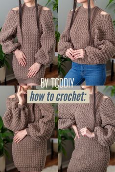 four photos of a woman wearing an off the shoulder sweater and jeans, with text overlay that reads by icodly how to crochet