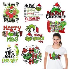 a woman standing next to some christmas stickers