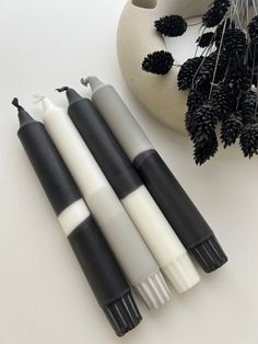 three black and white pens sitting on top of a table next to a potted plant