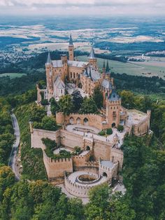 an aerial view of a castle surrounded by trees