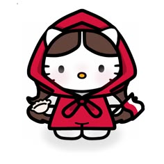 a hello kitty wearing a red hoodie and holding a small cat in her hands