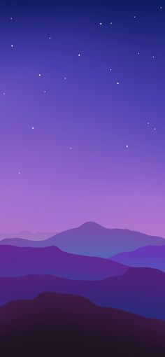 the night sky is purple and blue with mountains in the background, as well as stars