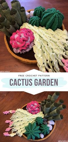 crocheted cactus garden in a bowl with text overlay