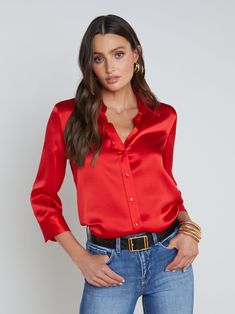 L'AGENCE - Dani 3/4 Sleeve Silk Blouse in High Risk Red Satijnen Blouses, Satin Blouse Shirts, Red Dress Shirt, Winter Palette, Satin Bluse, Refined Aesthetic, The Office Shirts, Satin Blouses, Ladies Tops