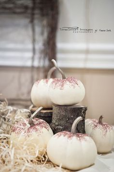 white pumpkins sitting on top of a pile of hay