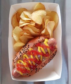 a hot dog with ketchup, mustard and chips