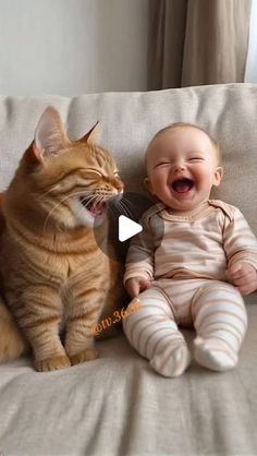 a baby and an orange tabby cat sitting on a couch with their mouths open