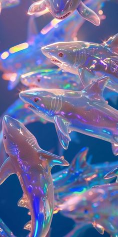 many plastic sharks are floating in the air with colored lights on their backs and tails