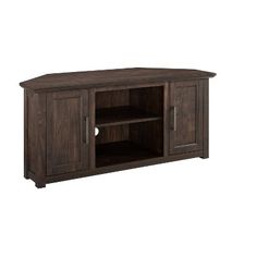 a wooden entertainment center with two doors and shelves