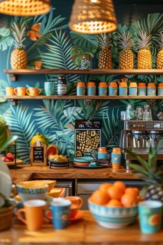 there are many pineapples and oranges on the shelves in this coffee shop