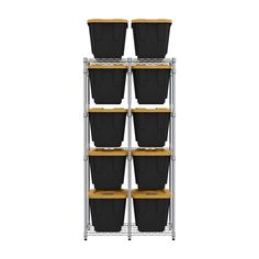 a metal shelving unit with six black plastic bins and two wooden trays