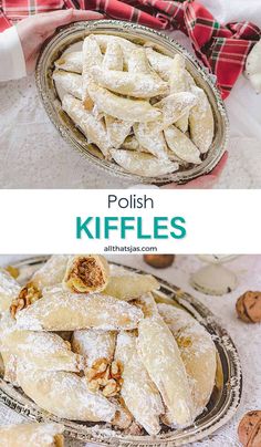 two pictures with different types of baked goods in the middle and on the bottom, there is a bowl full of powdered sugar coated doughnuts