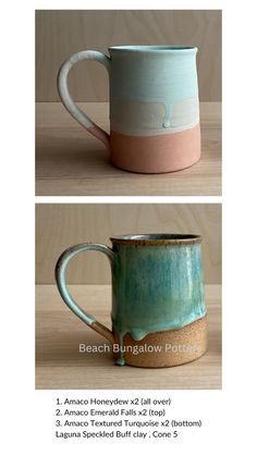 two mugs with different colors and designs on them