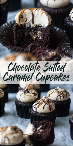 chocolate salted caramel cupcakes with whipped cream on top