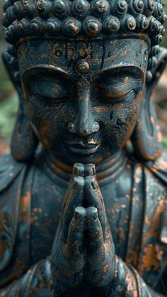 a buddha statue with its hands clasped in front of it's face and eyes closed