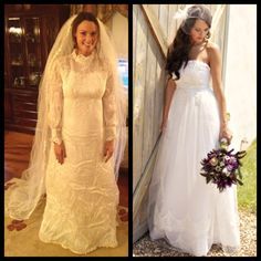 two brides in wedding gowns, one wearing a veil and the other holding a bouquet