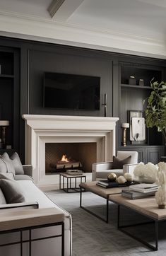 a living room filled with furniture and a fire place in front of a tv mounted on a wall