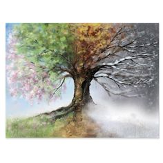 a painting of a tree in the fog