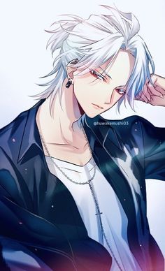 an anime character with white hair and piercings on his ears, wearing a black jacket