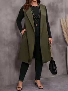 Plus Size Women's Spring/Autumn Solid Color Lapel Pocket Elegant Commuter Vest Blazer Army Green Casual  Sleeveless Woven Fabric Colorblock,Plain vest Non-Stretch  Women Plus Clothing, size features are:Bust: ,Length: ,Sleeve Length: Army Green Blazer Outfit, Green Blazer Outfit, Plain Vest, Fall Vest, Áo Len Cardigan, Business Casual Outfits For Women, Vest Blazer, Green Blazer