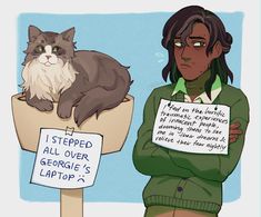 a woman standing next to a sign with a cat sitting on top of her chest