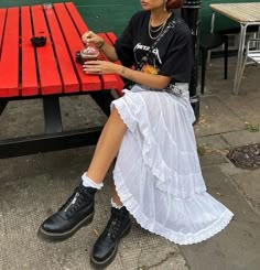 Edgy Long Skirt Outfit, Knotfest Outfit, Theatre Outfit Aesthetic, White Lace Maxi Skirt Outfit, Sheer Maxi Skirt Outfits, Big Skirt Outfit, Long Skirt Band Tee, Grunge Maxi Skirt Outfits, Tumblr 2014 Outfits