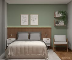 a bedroom with green walls and white furniture