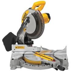 a circular saw on a white background with yellow handles and black handle, in the shape of a miter