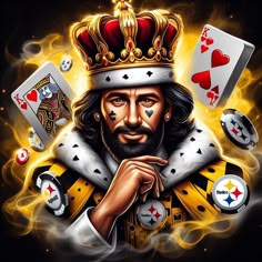 the king of spades with his crown and playing cards in front of him on fire