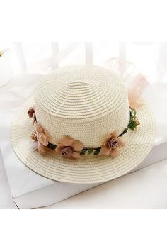 Flowers Ribbon Straw Hat Brimmed Costume Hats For Summer Beach, Beige Summer Hat Costume Headpiece, White Curved Brim Costume Hat For Beach, White Summer Cap Straw Hat, Brimmed Beach Costume Hats For Summer, White Summer Cap-style Straw Hat, Summer Beige Costume Hat, White Summer Cap Style Straw Hat, Brimmed Summer Beach Costume Hats