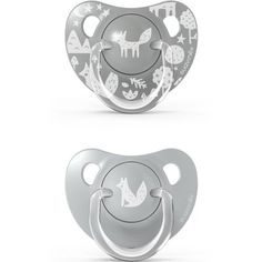 two baby pacifiers with different designs on the front and back, one in silver