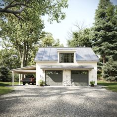 a car is parked in front of a house with solar panels on it's roof