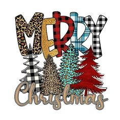 merry christmas trees with plaid and cheetah on the bottom, in different colors