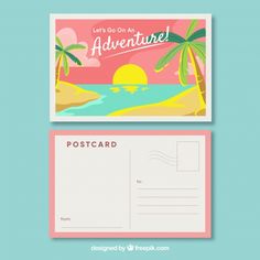 two postcards with the words, let's go on an adventure and palm trees