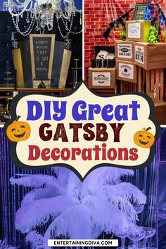 DIY Great Gatsby Decorations | Speakeasy Party Great Gatsby Gift Ideas, Gatsby Theme Party Decorations, 1920s Party Centerpieces, Roaring 20s Speakeasy Aesthetic, 1920 Table Decorations, Diy Gatsby Decorations, Speak Easy Decorations, 1920 Party Ideas