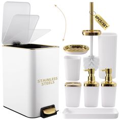 a white and gold bathroom accessory set with toilet brush, soap dispenser