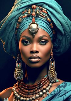 an african woman wearing a blue turban and jewelry